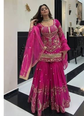 Rani pink embroidery roman glass silk blend  sharara suit set 3