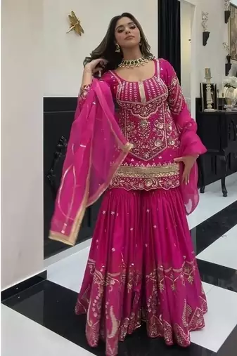 Rani pink embroidery roman glass silk blend  sharara suit set