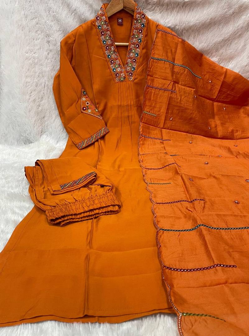 Orange  silk kurta pant set with scalloped dupatta