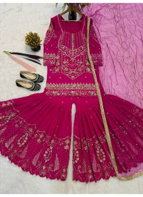 Rani pink embroidery roman glass silk blend  sharara suit set 4