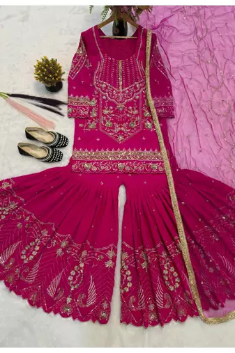 Rani pink embroidery roman glass silk blend  sharara suit set