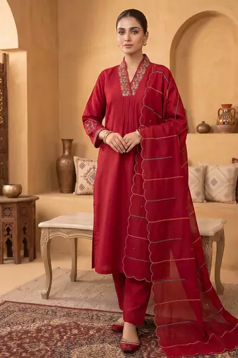 Rani pink  embroidered silk kurta pant set with dupatta
