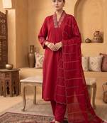 Rani pink  embroidered silk kurta pant set with dupatta