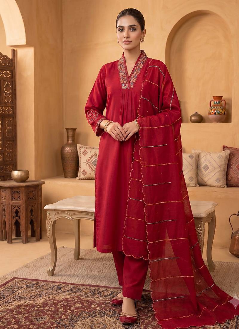 Rani pink  embroidered silk kurta pant set with dupatta