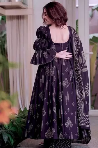 Blue embroidery cotton  anarkali suit