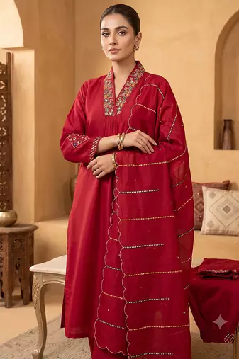 Rani pink embroidered silk kurta pant set with dupatta