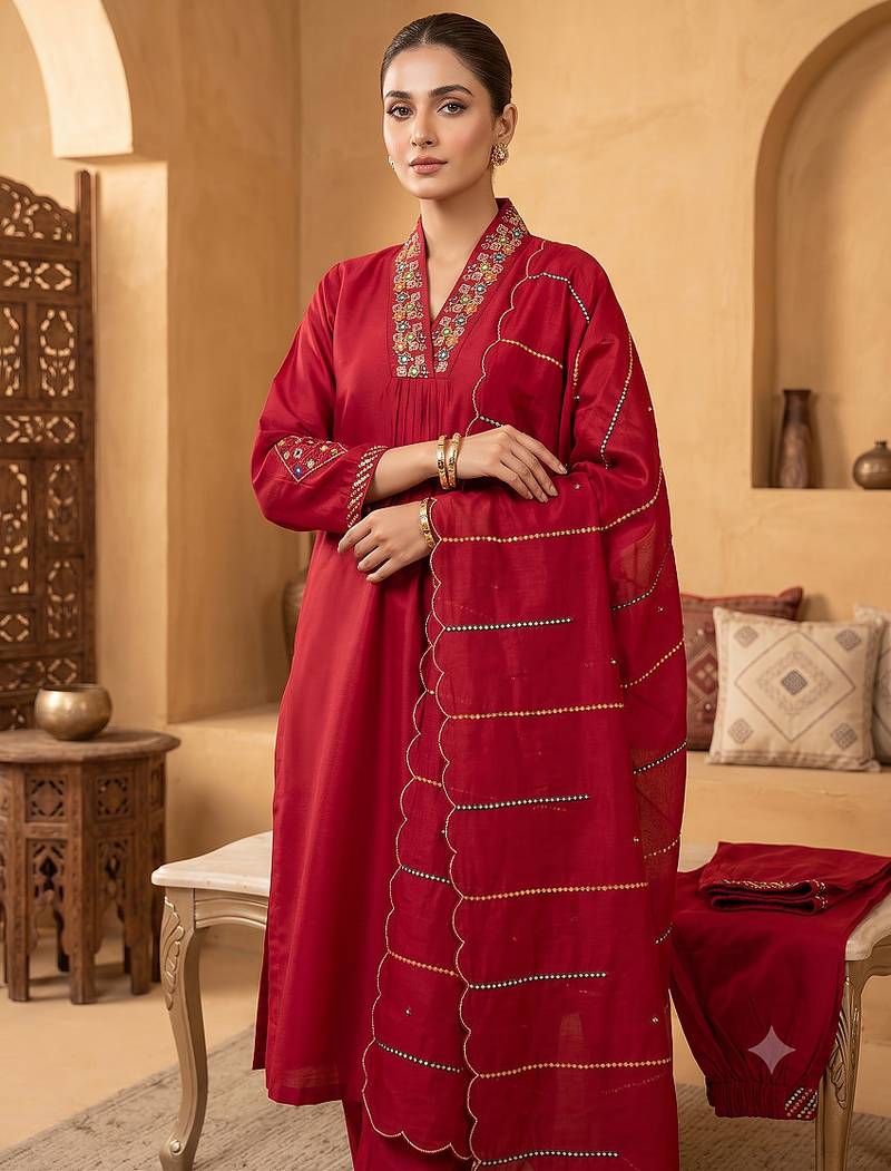 Rani pink  embroidered silk kurta pant set with dupatta