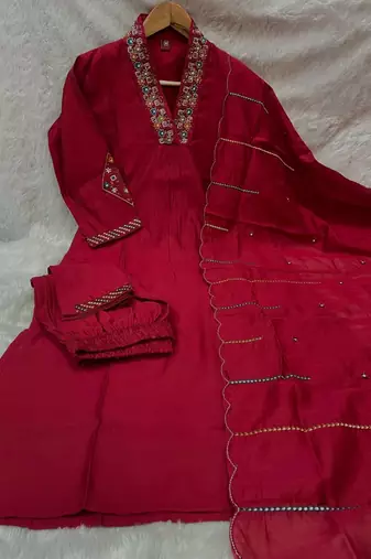 Rani pink embroidered silk kurta pant set with dupatta