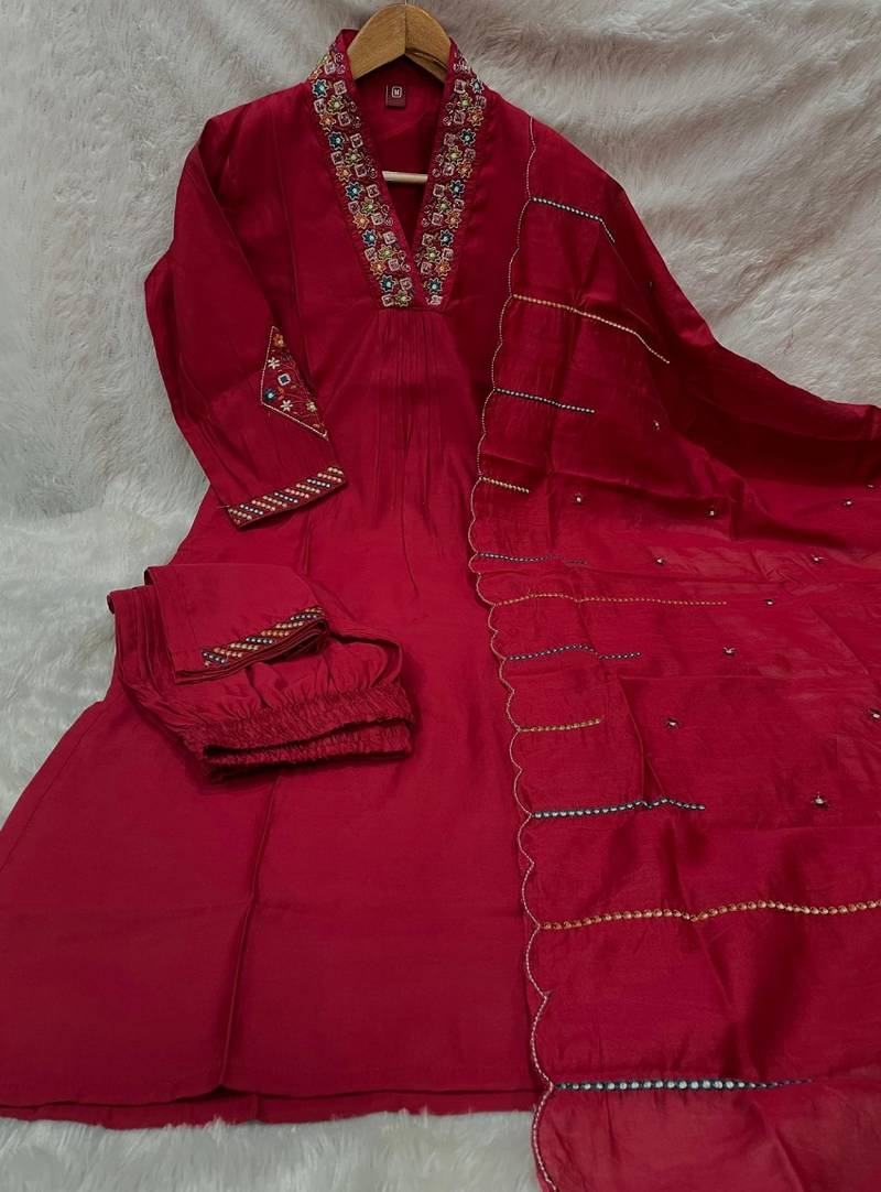 Rani pink  embroidered silk kurta pant set with dupatta