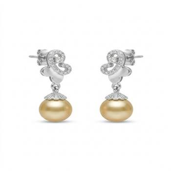 925 sterling silver Golden Pearl Diamond Drop Earrings 2