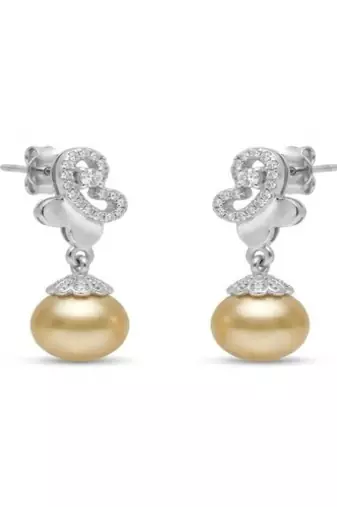 925 sterling silver Golden Pearl Diamond Drop Earrings