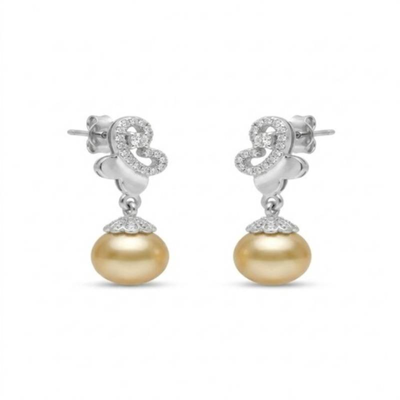 925 sterling silver Golden Pearl Diamond Drop Earrings