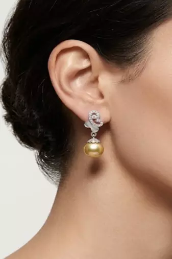 925 sterling silver Golden Pearl Diamond Drop Earrings