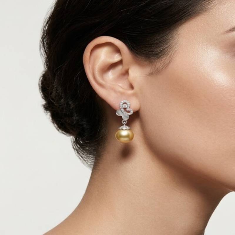 925 sterling silver Golden Pearl Diamond Drop Earrings