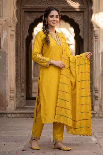 Mustard yellow embroidered  silk kurta pant set with dupatta