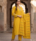 Mustard yellow embroidered  silk kurta pant set with dupatta