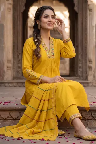 Mustard yellow embroidered silk kurta pant set with dupatta