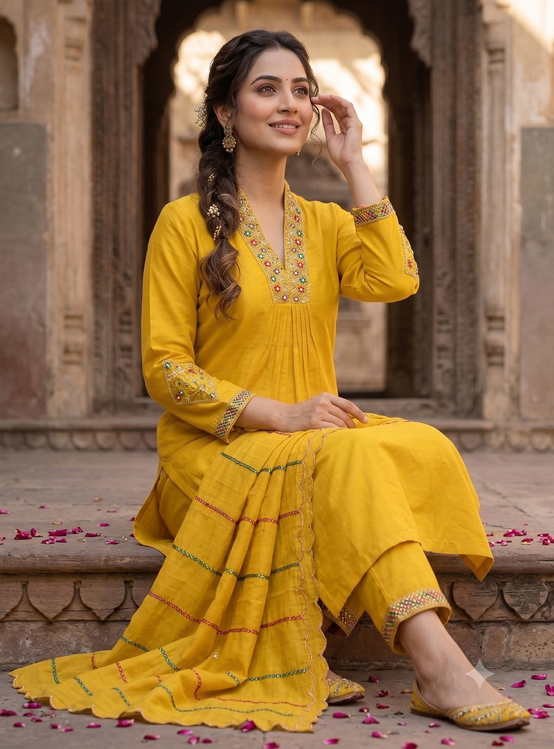 Mustard yellow embroidered  silk kurta pant set with dupatta