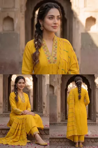 Mustard yellow embroidered silk kurta pant set with dupatta