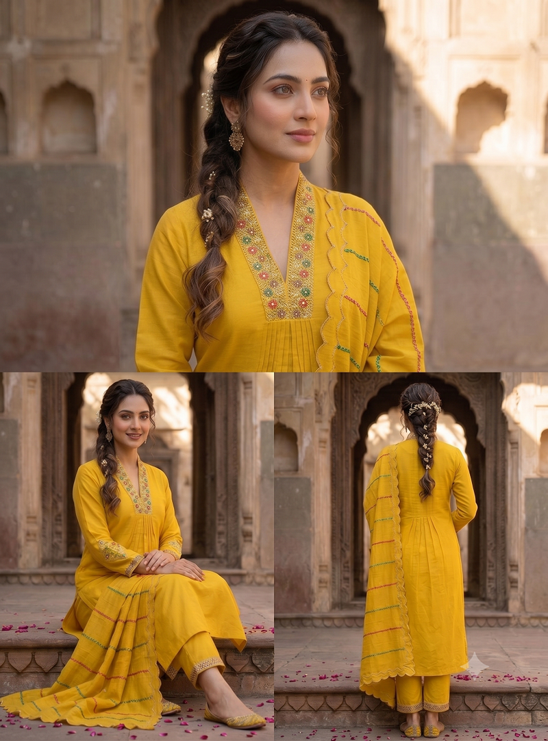 Mustard yellow embroidered  silk kurta pant set with dupatta