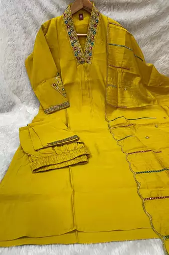 Mustard yellow embroidered silk kurta pant set with dupatta