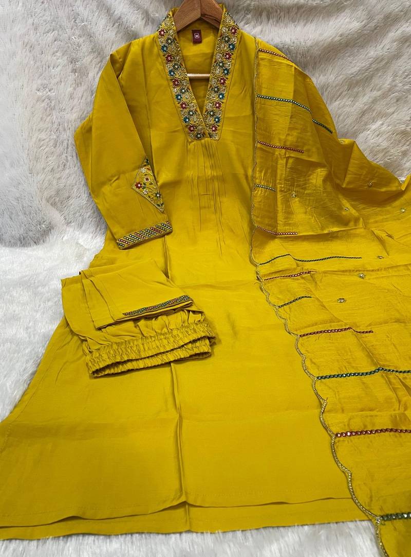 Mustard yellow embroidered  silk kurta pant set with dupatta