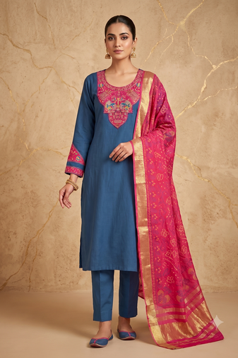 Women teal blue embroidered straight kurta with magenta dupatta and pant set