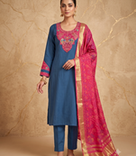 Women teal blue embroidered straight kurta with magenta dupatta and pant set