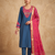 Women teal blue embroidered straight kurta with magenta dupatta and pant set