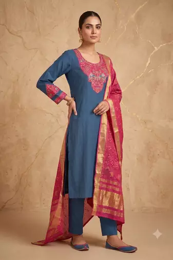 Women teal blue embroidered straight kurta with magenta dupatta and pant set