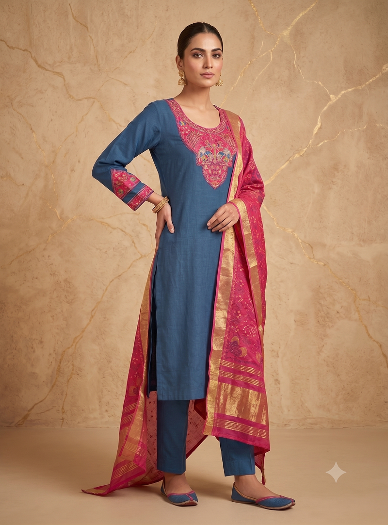 Women teal blue embroidered straight kurta with magenta dupatta and pant set