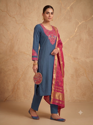 Women teal blue embroidered straight kurta with magenta dupatta and pant set 3