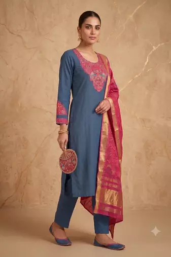 Women teal blue embroidered straight kurta with magenta dupatta and pant set