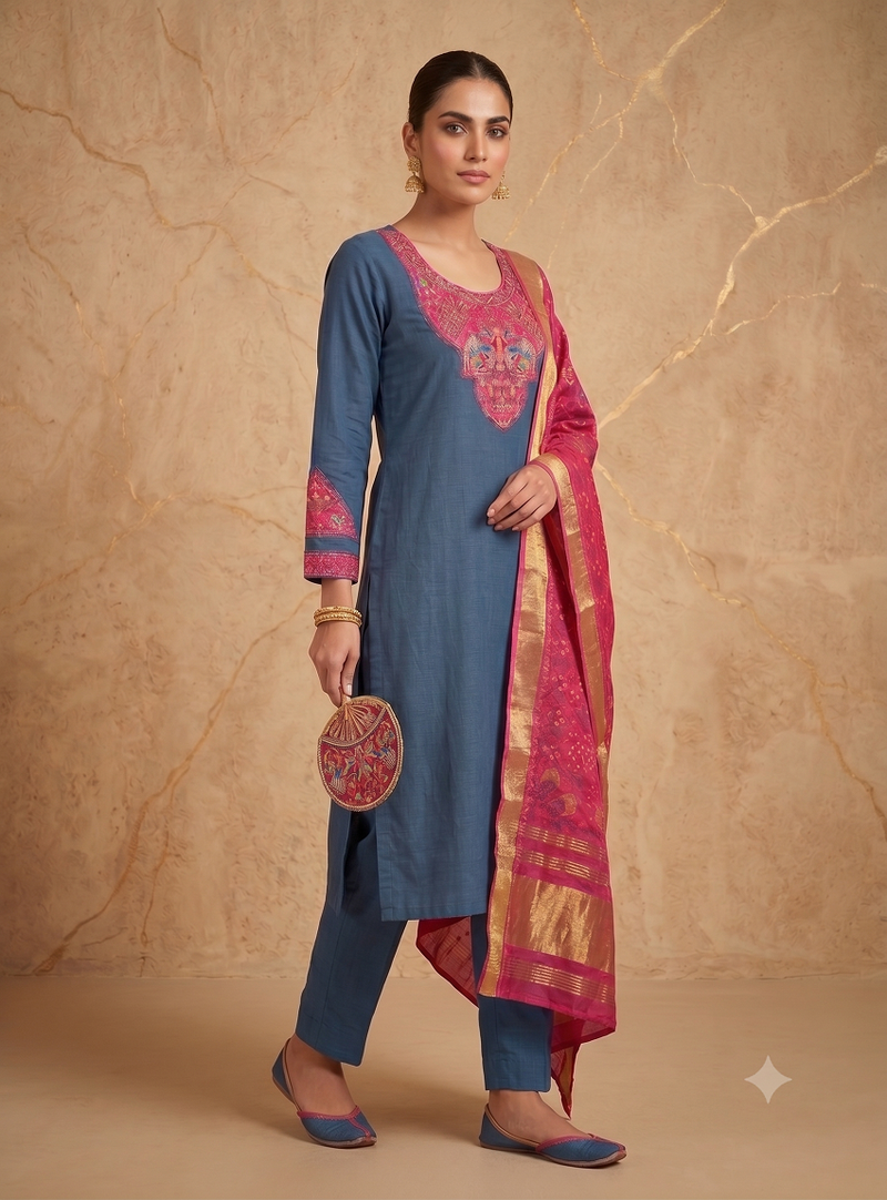 Women teal blue embroidered straight kurta with magenta dupatta and pant set