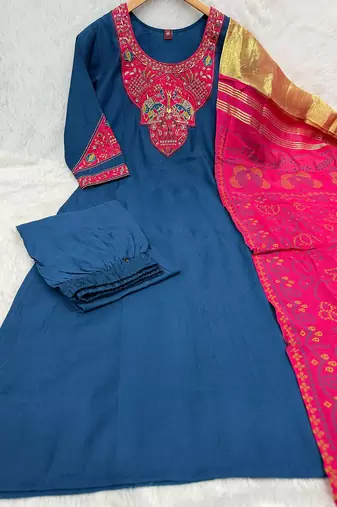 Women teal blue embroidered straight kurta with magenta dupatta and pant set