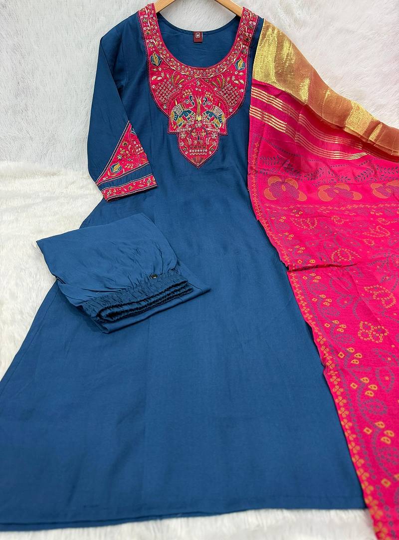 Women teal blue embroidered straight kurta with magenta dupatta and pant set