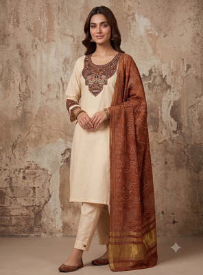Women cream embroidered straight kurta with rust bandhani dupatta and pant set 1