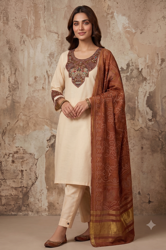 Women cream embroidered straight kurta with rust bandhani dupatta and pant set