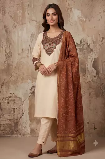 Women cream embroidered straight kurta with rust bandhani dupatta and pant set