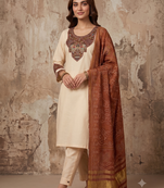 Women cream embroidered straight kurta with rust bandhani dupatta and pant set