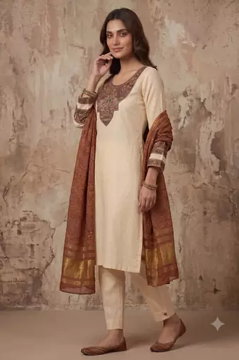 Women cream embroidered straight kurta with rust bandhani dupatta and pant set