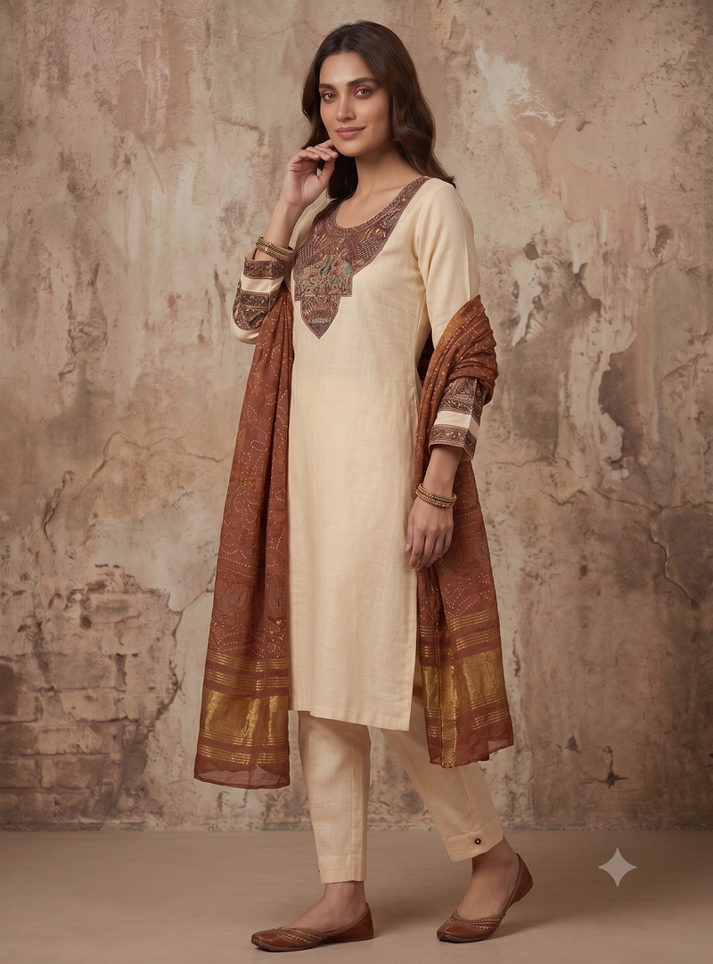 Women cream embroidered straight kurta with rust bandhani dupatta and pant set