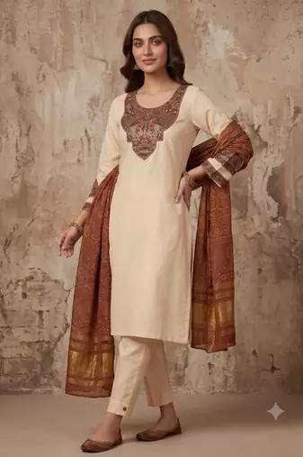 Women cream embroidered straight kurta with rust bandhani dupatta and pant set