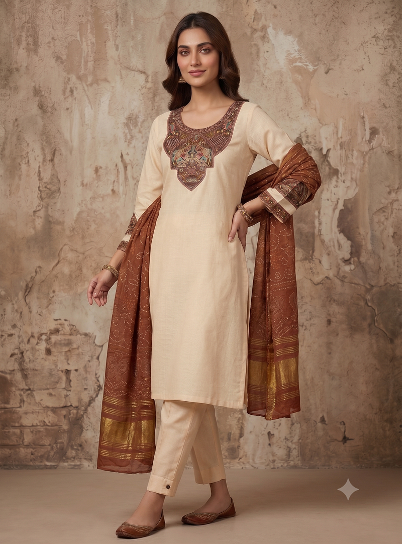 Women cream embroidered straight kurta with rust bandhani dupatta and pant set