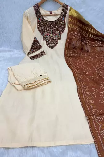 Women cream embroidered straight kurta with rust bandhani dupatta and pant set