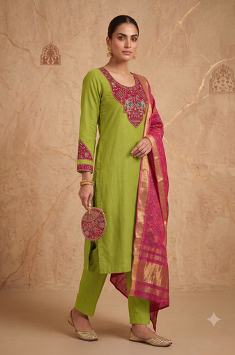 Women lime green embroidered straight kurta with rani pink dupatta and pant set