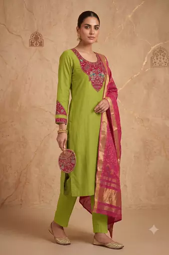 Women lime green embroidered straight kurta with rani pink dupatta and pant set