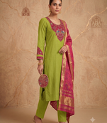 Women lime green embroidered straight kurta with rani pink dupatta and pant set