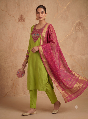 Women lime green embroidered straight kurta with rani pink dupatta and pant set 2