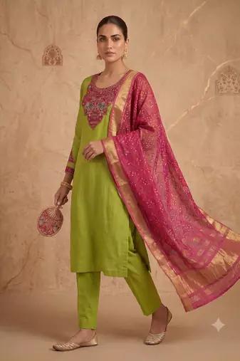 Women lime green embroidered straight kurta with rani pink dupatta and pant set
